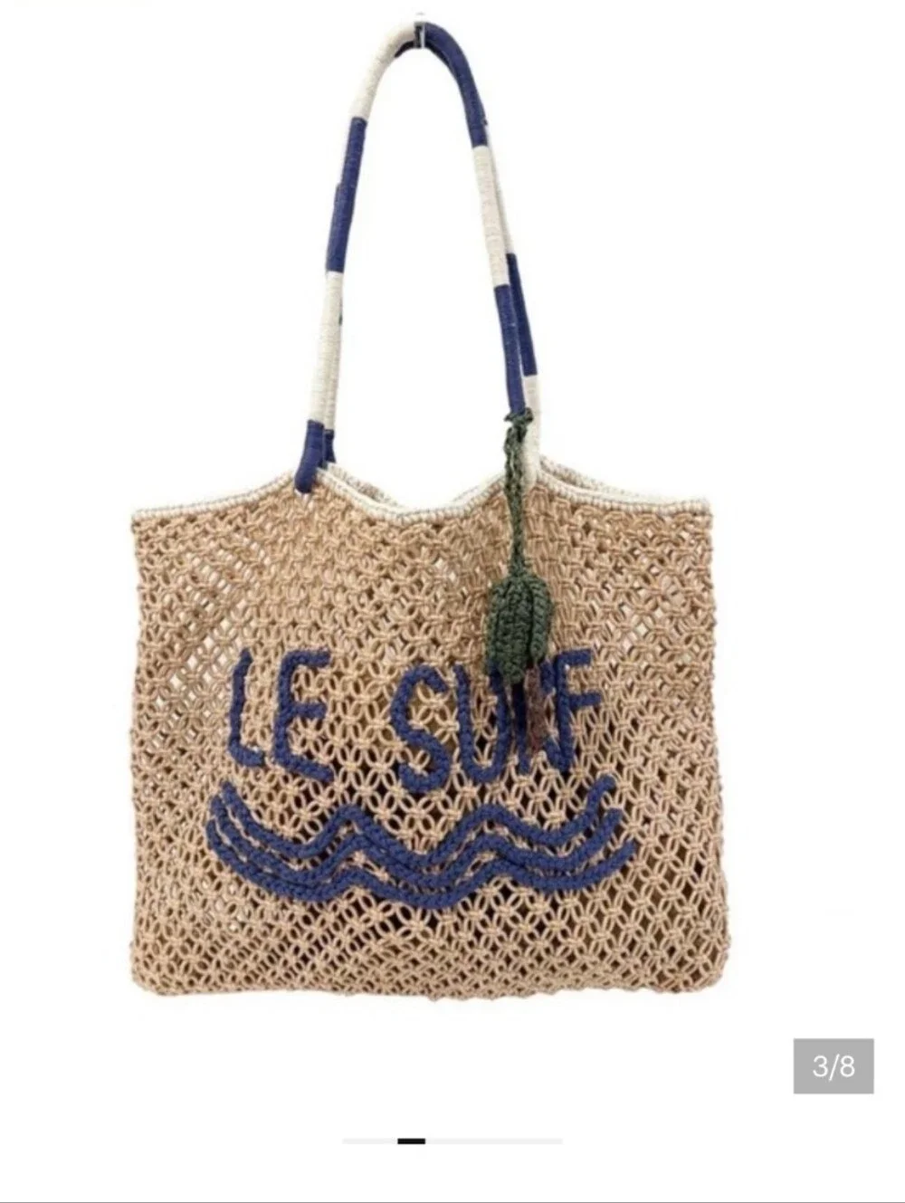 Lu & Elle ‘Le Surf’ Raffia Tote Bag with Blue Handles and Embroidery NWT